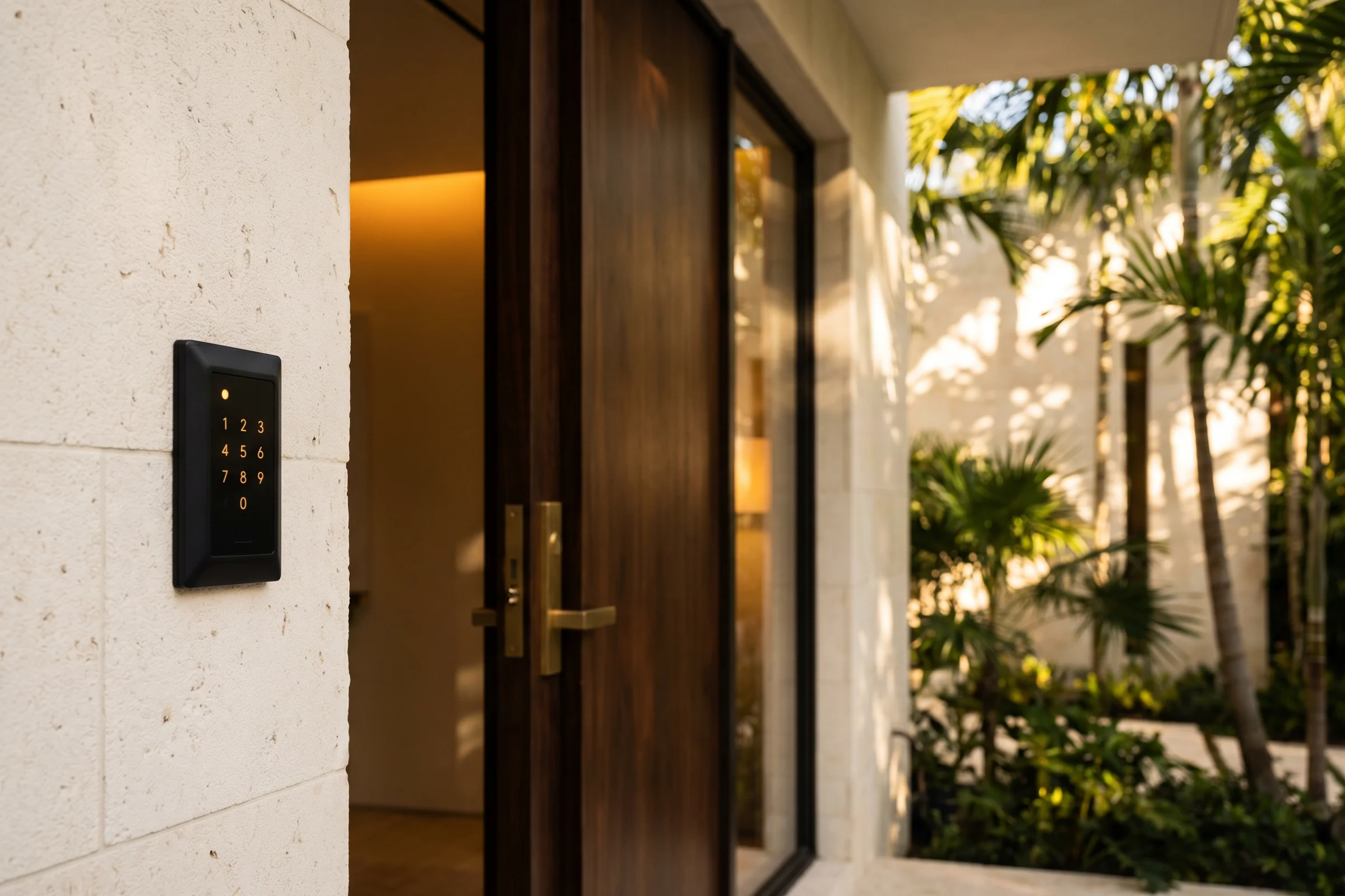 Modern illuminated keypad access control reader at the entrance of a luxury Miami home