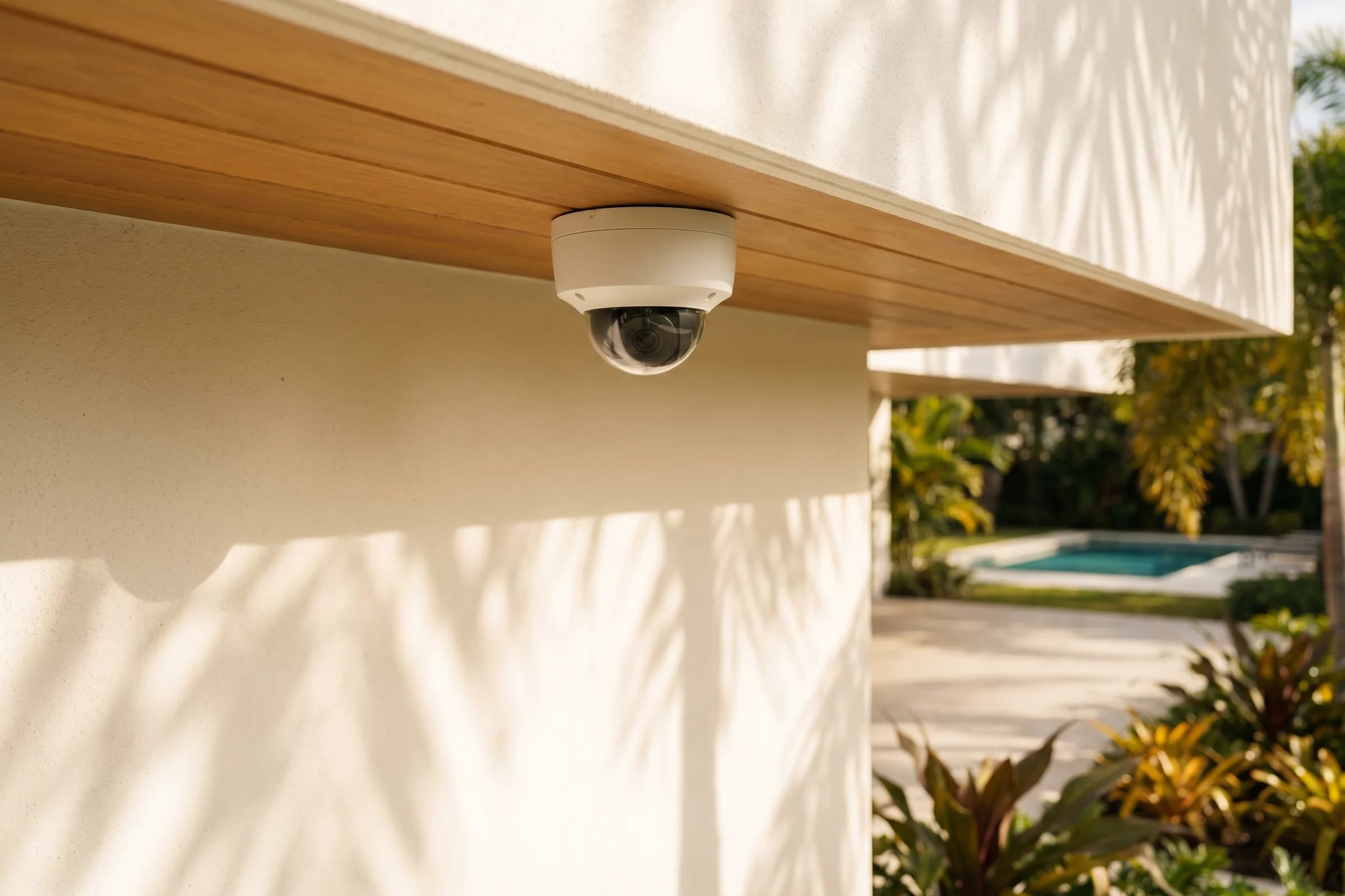 Professional white dome security camera mounted under wood soffit at a Miami home