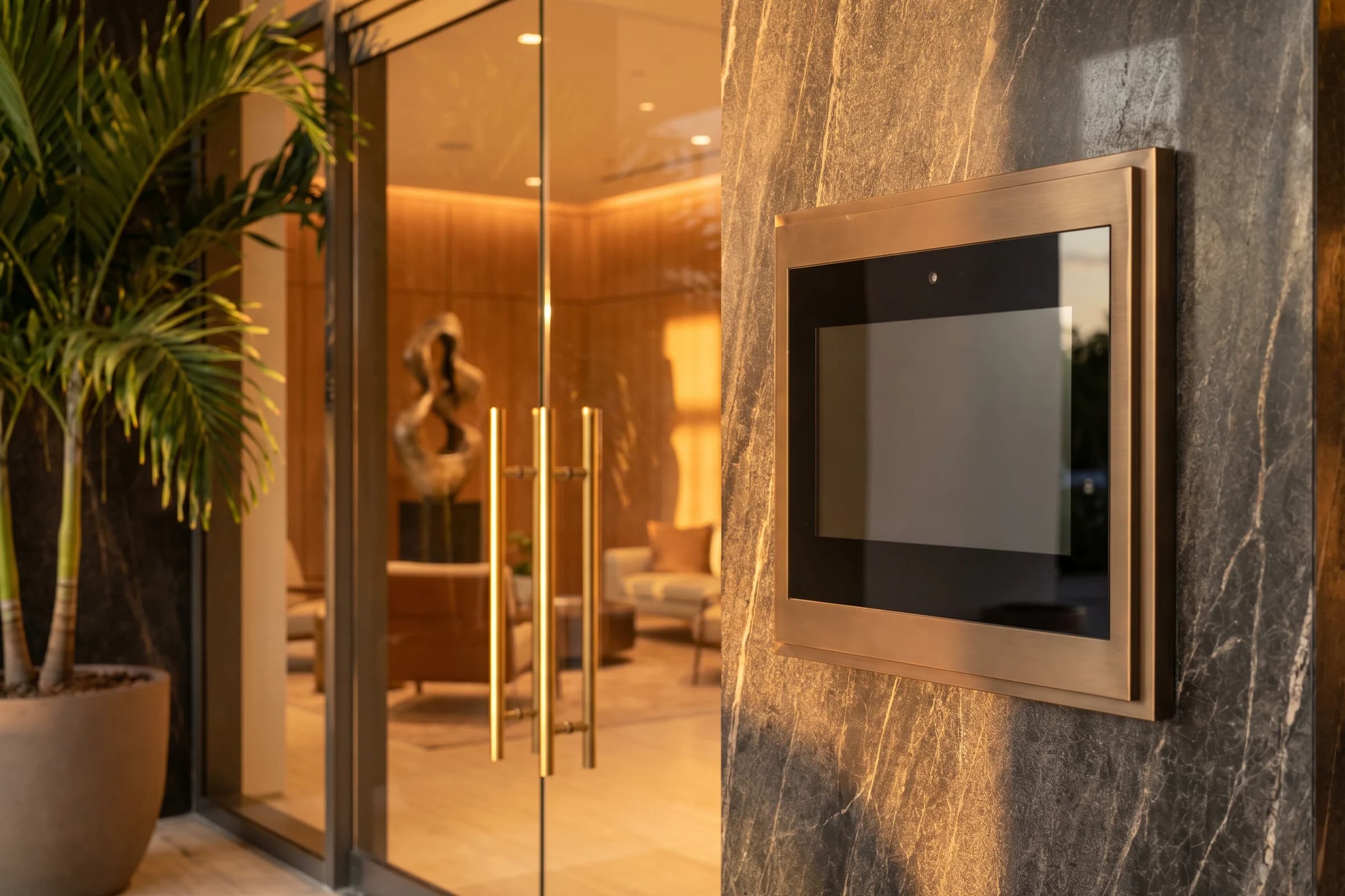 Modern video intercom system at the entrance of a contemporary Miami building