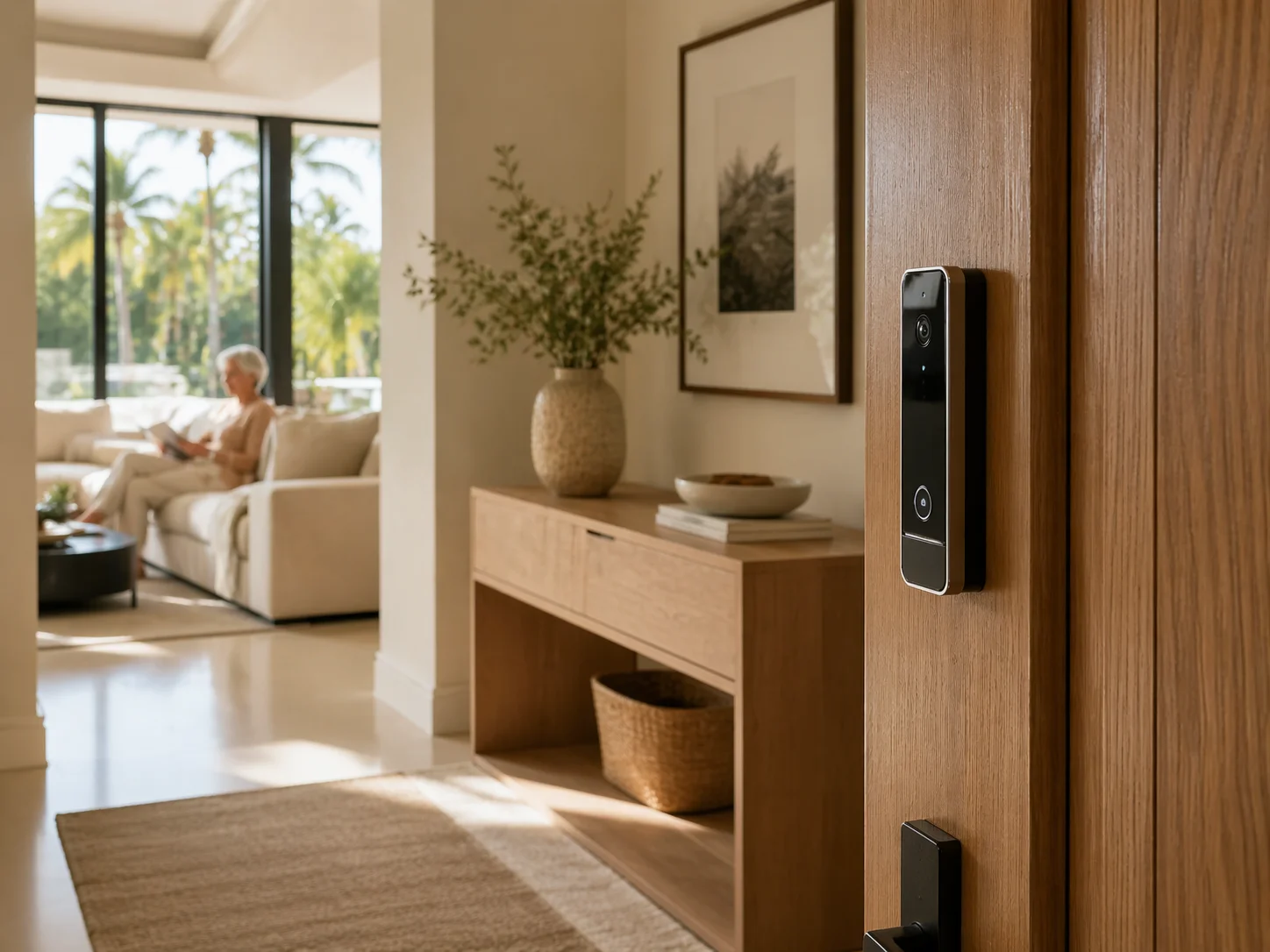 Warm, welcoming Miami home entry at golden hour with a keypad smart lock and video doorbell