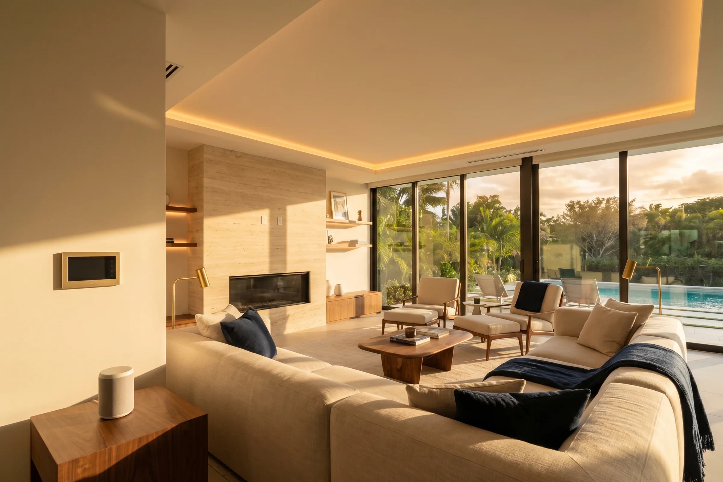 Luxury Miami living room with integrated smart home controls at golden hour