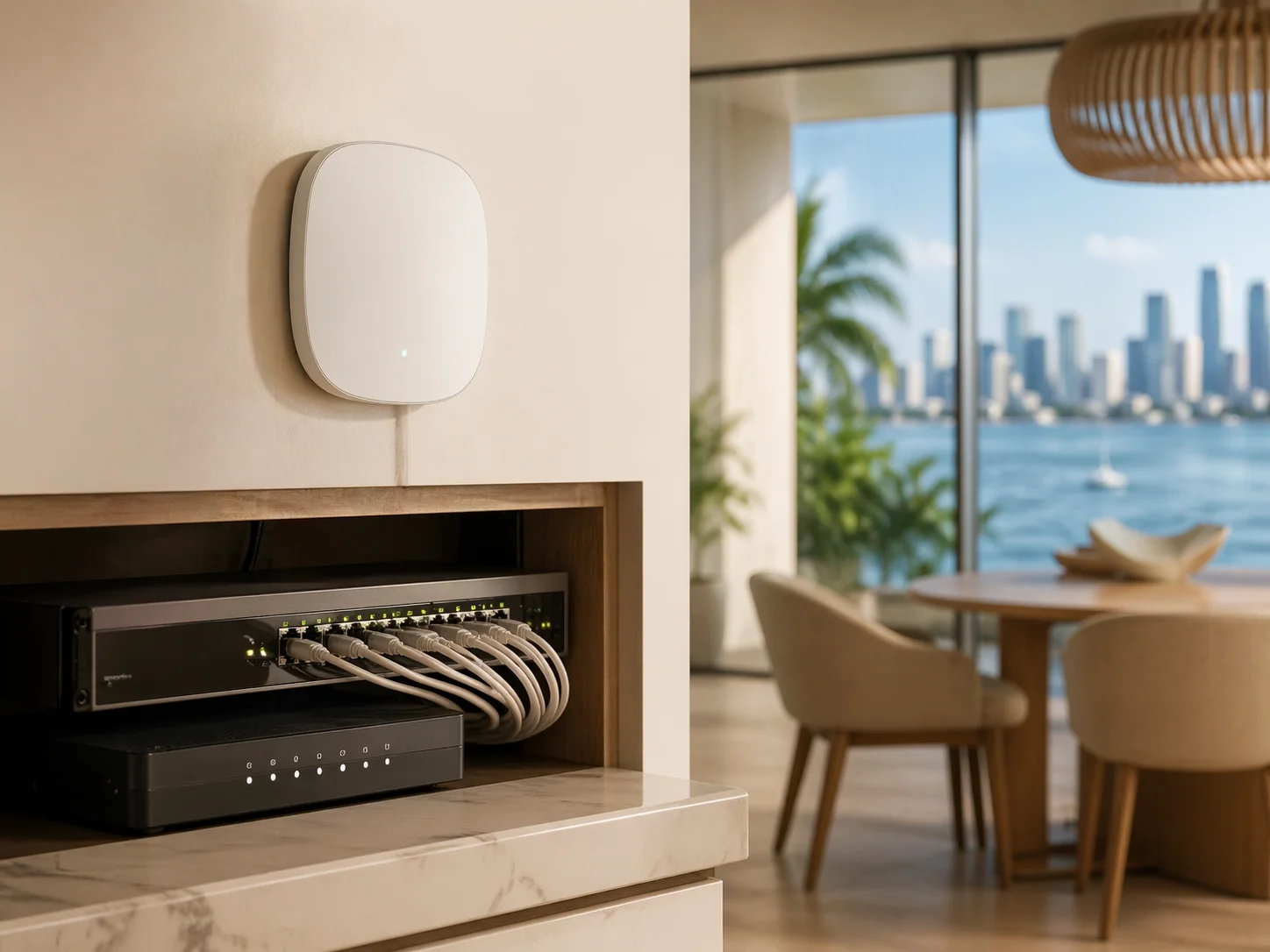 Cleanly installed network rack with UniFi switches and access points in a Miami home utility room