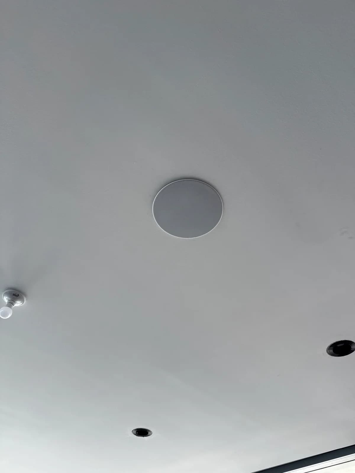 Flush-mount in-ceiling outdoor speaker painted to match the ceiling