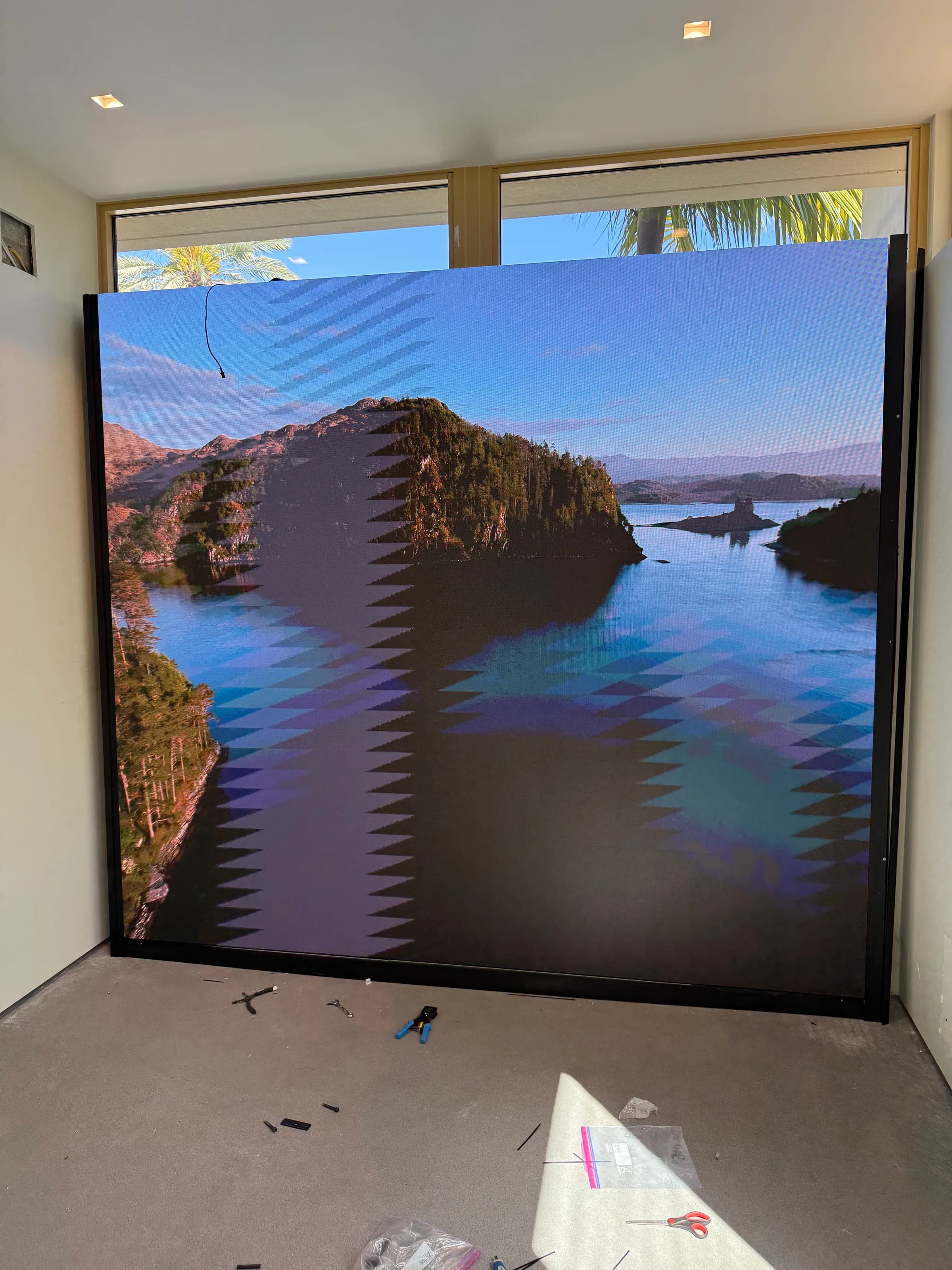 LED video wall during calibration with image displayed and minor artifact bands visible