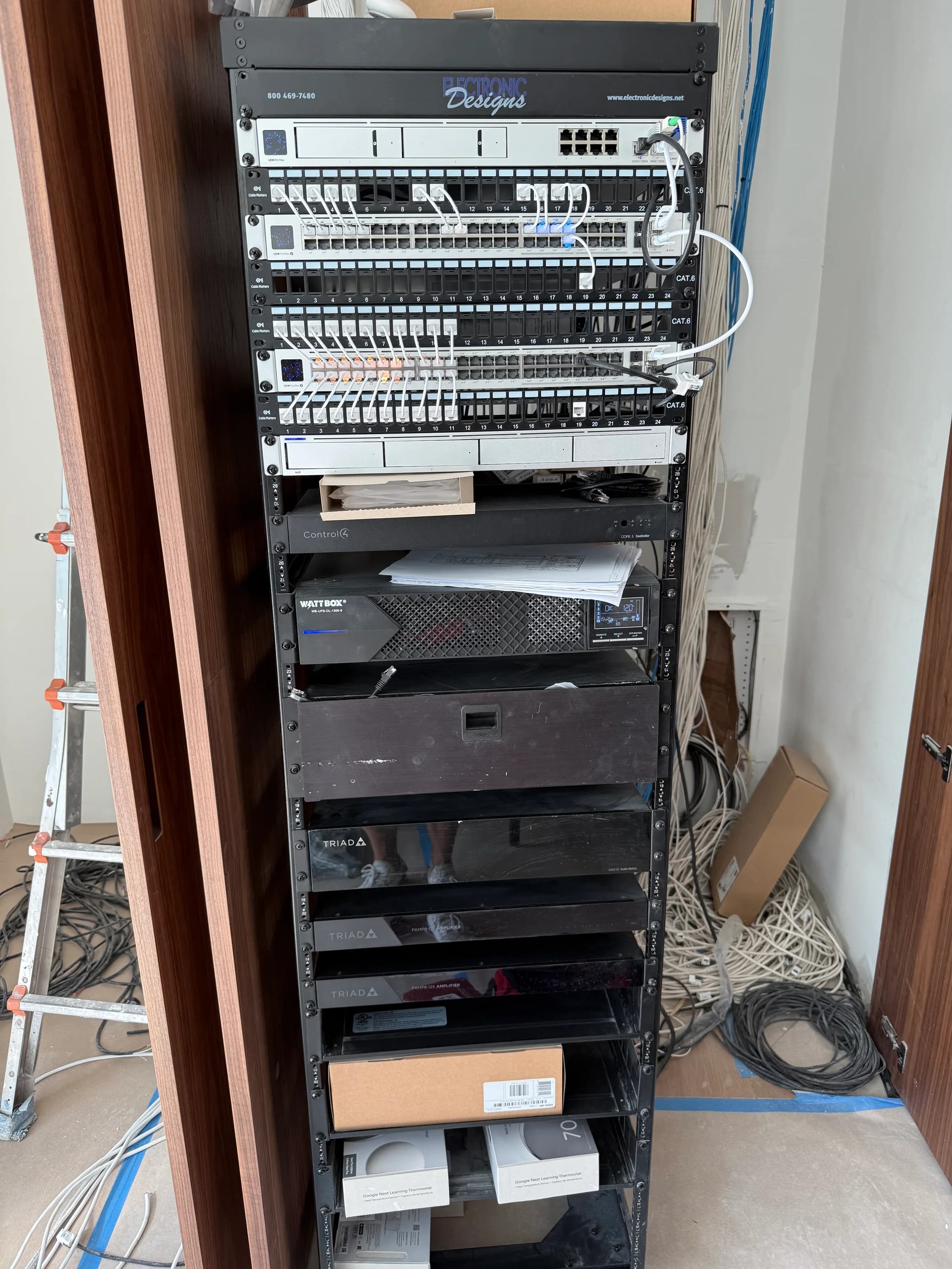Wide view of complete network and AV equipment rack in residential rack room