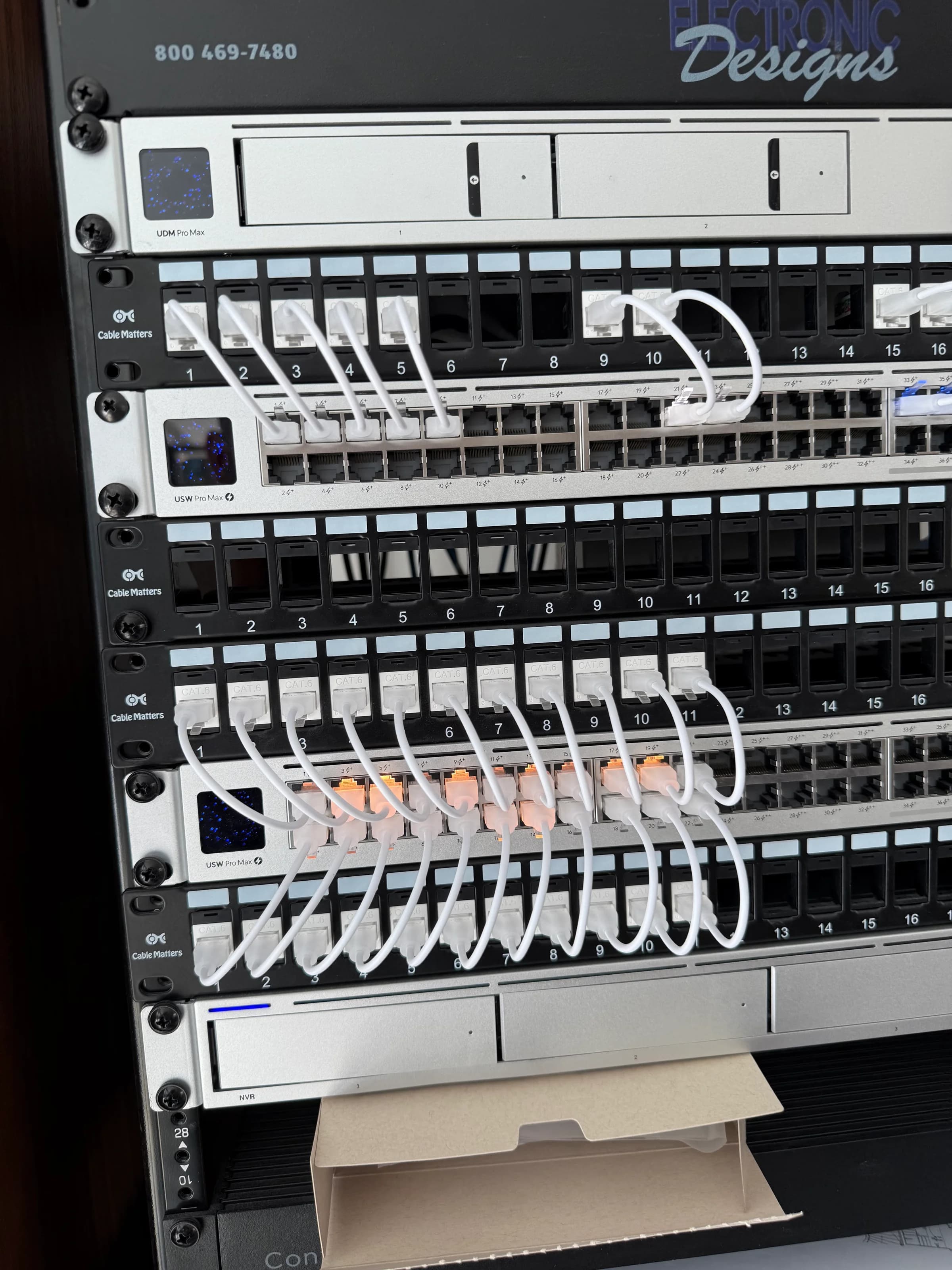 Close-up of patch panels with structured cable management and labeling
