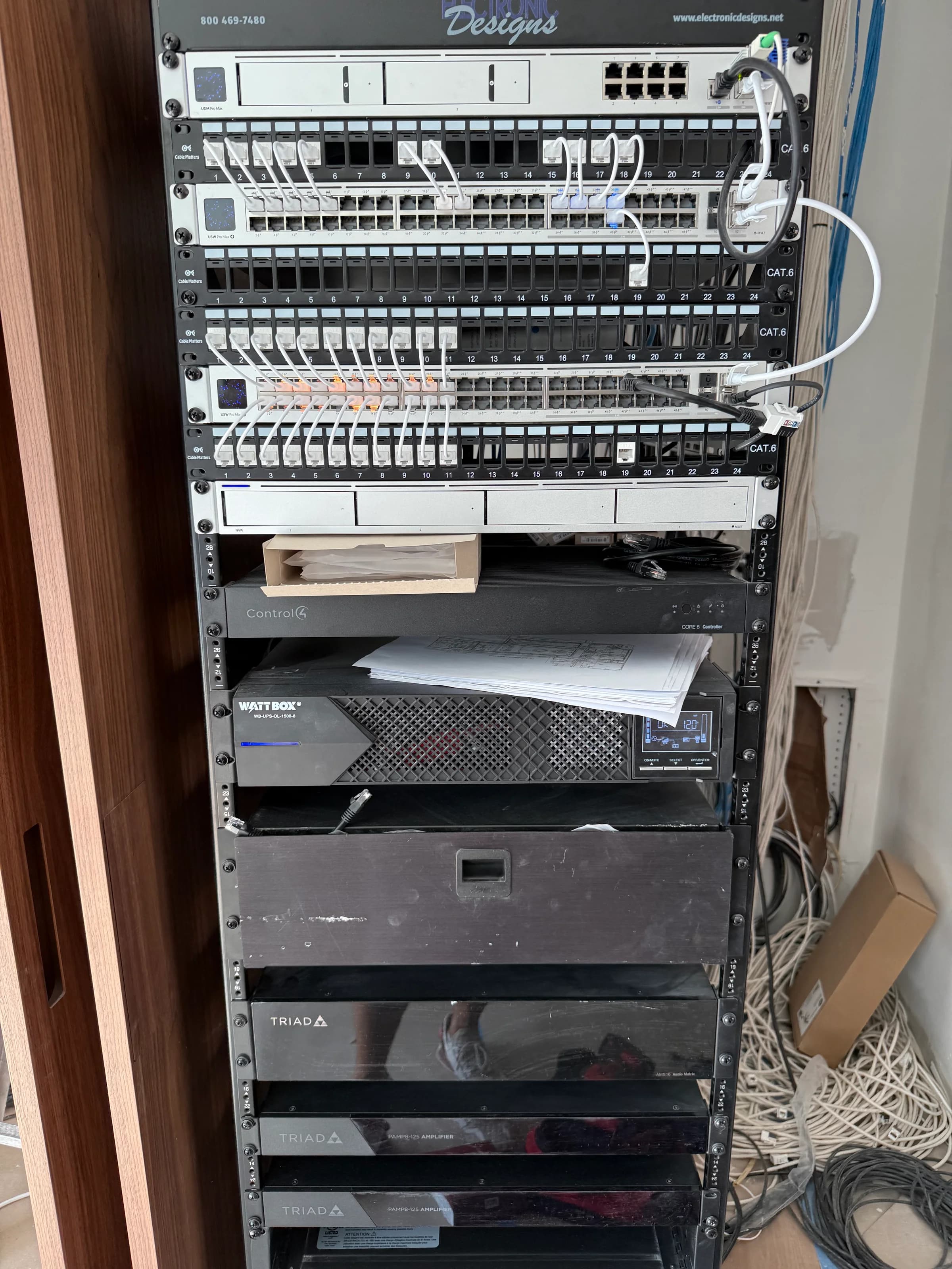 Complete network and AV rack with Ubiquiti UniFi switches, WattBox UPS, Triad amplifier, and Control4 controller