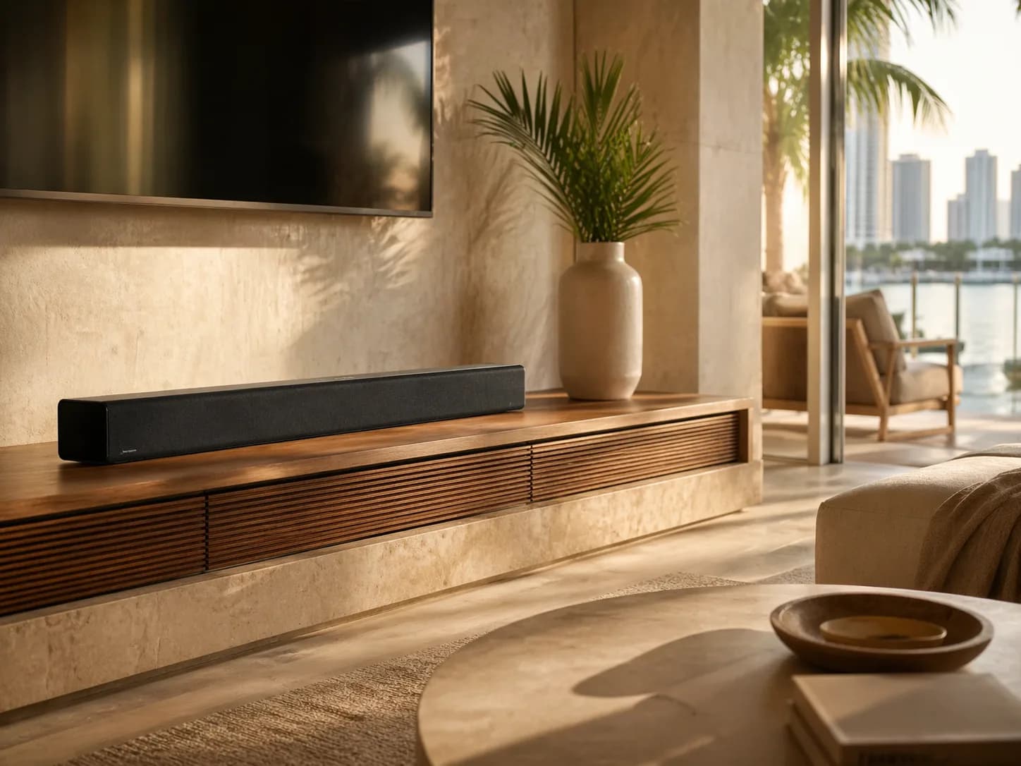 Sonos smart audio and soundbar installed cleanly in a modern Miami living room