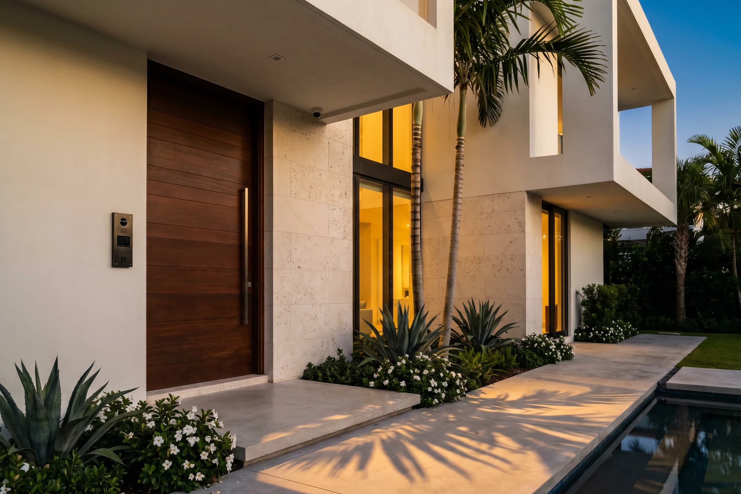 Modern Miami home entrance at golden hour with integrated video intercom and security camera